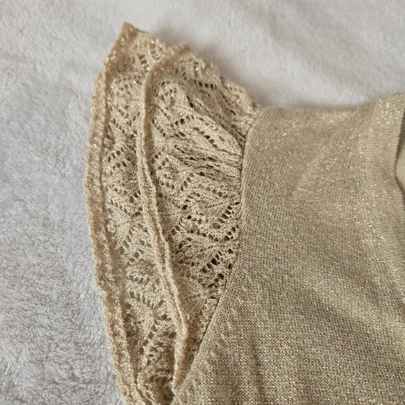 Mango Gold Glitter Knit Cardigan Crouched Short Sleeve Trim Button Front Top M - Picture 5 of 9